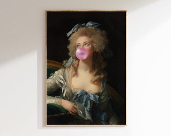 Pinke Bubble Gum Lady Kunstdruck, Altered Vintage Portrait Poster, Eclectic Decor, Bubble Gum Portrait, Altered Old Painting, Dark Decor