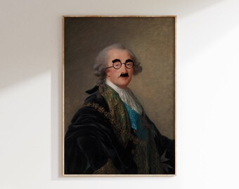 May include: A painting of a man wearing a dark green coat and a blue and gold sash. He has a white wig and is wearing glasses and a mustache.