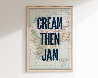 Cream Then Jam print, DEVON poster, Devon Vintage Map Art Print, I Love Devon, Coastal Art, Devon Art Print, Map of Devon, Devon art print