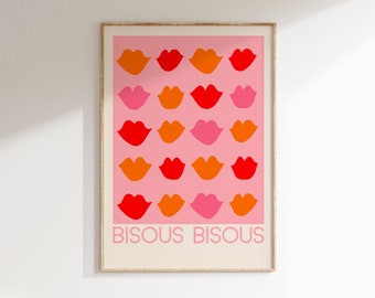 Affiche bisous, art rose et rouge, affiche bisous, impression d'art lèvres, impression bisous, art rose, impression baiser, décoration rose, décoration d'intérieur géniale