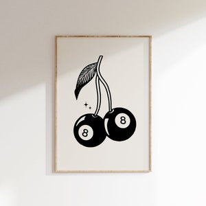 Retro 8 Ball Cherries Print, Trendy 8 Ball Poster, Cherries Print Illustration, Retro Dorm Decor, Trendy Retro Print, Mid Century Print