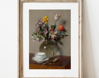 Vintage Floral Still Life Art Print, Mediterranean Oil Painting