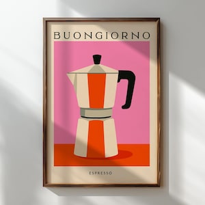 Buongiorno Coffee Art Print, Pink Kitchen Wall Art, Coffee Lover Gift, Espresso Poster Dopamine Decor, Italian Coffee Art Print Moka Pot Art