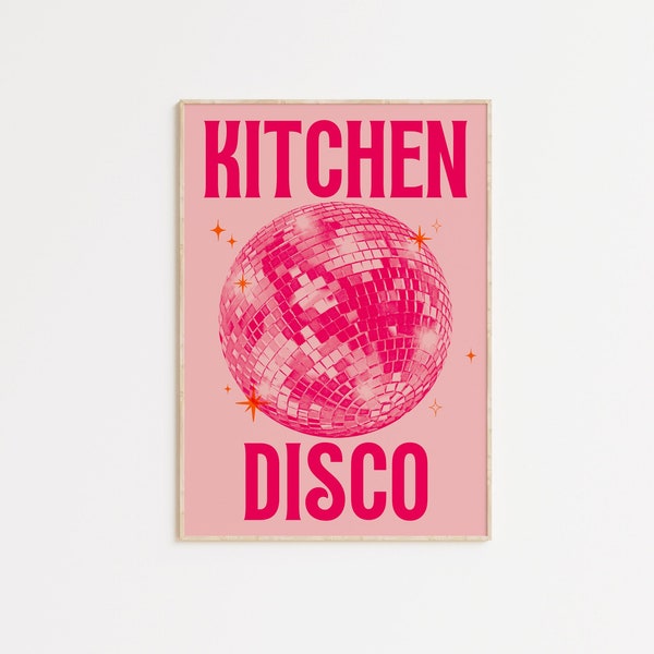 Kitchen Disco Poster, Eclectic Home Decor, Kitchen Poster, Kitchen Art Print, Pink Home Decor, Disco Ball Art, Kitchen Decor, Pink Art