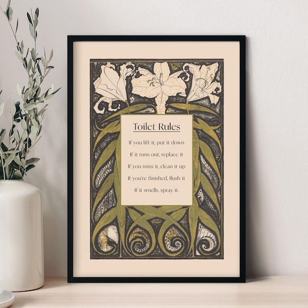 Pode incluir: Uma impressão emoldurada com estética vintage que apresenta um design floral e o texto "Toilet Rules" com uma lista de regras para usar o banheiro.