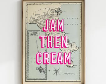 CORNWALL wall art Jam Then Cream poster, Cornwall Vintage Map Art Print, I Love Cornwall Coastal Art, Cornwall Art Print, Kernow Cornish Map