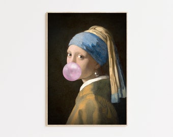 Mädchen mit Perlenohrring mit Kaugummi Kunstdruck, veränderte Vintage Kunst, eklektisches Dekor, Kaugummi Porträt, veränderte alte Malerei