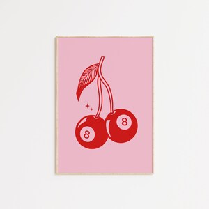 Pink Eight Ball Cherries Art Print, Retro Dorm Decor