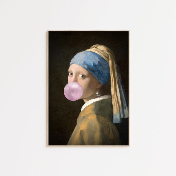 Girl With A Pearl Earring with Bubble Gum art print, Altered Vintage Art, Eclectic Decor, Bubble Gum Portrait, Altered Old Painting