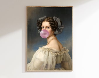 Pink Bubble Gum Vintage Portrait art print, Altered Art, Eclectic Decor, Bubble Gum Portrait, Altered Old Painting, Dark Decor