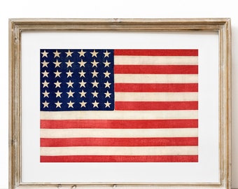 Vintage American Flag Art Print, Rustic Farmhouse Wall Decor