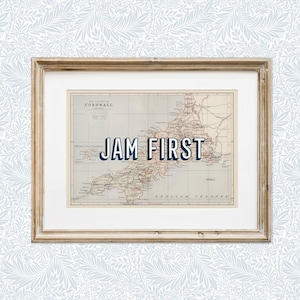 Impression d'art CORNWALL Jam First, impression d'art de carte vintage de Cornwall, j'aime les Cornouailles, art côtier, impression d'art de Cornouailles, Kernow, art de carte de Cornouailles