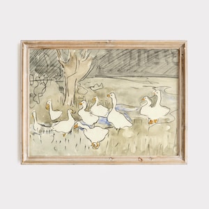 Vintage Geese Watercolor Painting Art Print, Nursery Wall Decor, Kids Room Wall Art, Duck Drawing, Farmhouse Wall Art, Antique Nursery