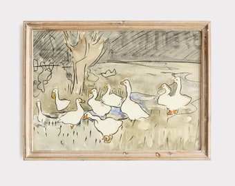 Vintage Geese Watercolor Painting, Farmhouse Nursery Art Print