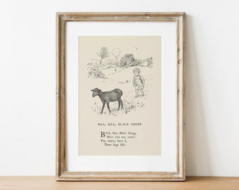 Vintage Baa Baa Black Sheep Nursery Rhyme Art Print