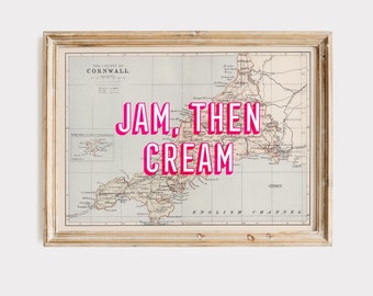 CORNWALL poster Jam Then Cream, Cornwall Vintage Map Art Print, I Love Cornwall, Coastal Art, Cornwall Art Print, Kernow, Cornish Map