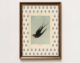 Lámina artística vintage de golondrina, inspirada en Nancy Meyers, decoración de pared estilo cottagecore.