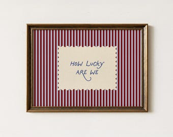 Vintage "How Lucky Are We" Art Print, Red and Blue Nursery Decor
