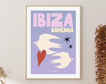 Ibiza Bohemia Travel Poster, Dove Art Print, Abstract Art, Pastel Pop Art, Danish Pastel Decor, Purple Art, Ibiza Bohemia Art Print