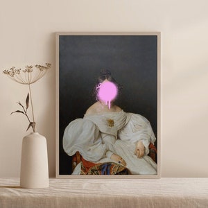 19th Century Lady with Graffiti Portrait, Spray Paint Face Art Print, Pink Graffiti Lady Portrait, Old Fashion Lady Painting with Pink Paint