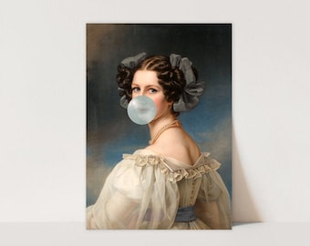 Bubble Gum Lady Kunstdruck, Altered Vintage Portrait Poster, Urban Art, Eclectic Decor, Bubble Gum Portrait, Altered Old Painting, Dark Decor