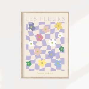 Purple Les Fleurs Art Print, Pastel Aesthetic Decor, Wavy Checkerboard Poster, Floral Groovy Poster, Checkerboard Poster, Danish Decor