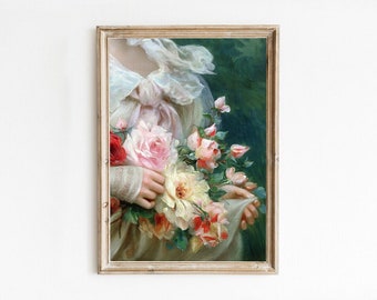 Vintage Hand with Roses Painting Art Print, Cottagecore Decor