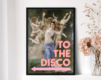 Puede incluir: Una pintura vintage de una mujer y querubines con el texto "TO THE DISCO" en letras rosa y naranja con una flecha rosa apuntando hacia la izquierda.
