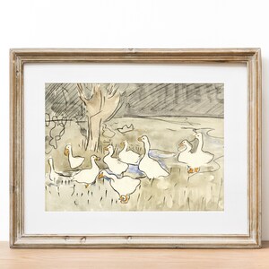 May include: A framed black and white ink drawing of a group of geese in a field. The geese are drawn in a simple, stylized manner, and the background is a wash of gray and brown.