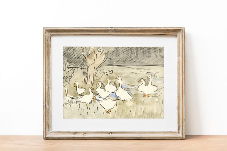 May include: A framed black and white ink drawing of a group of geese in a field. The geese are drawn in a simple, stylized manner, and the background is a wash of gray and brown.