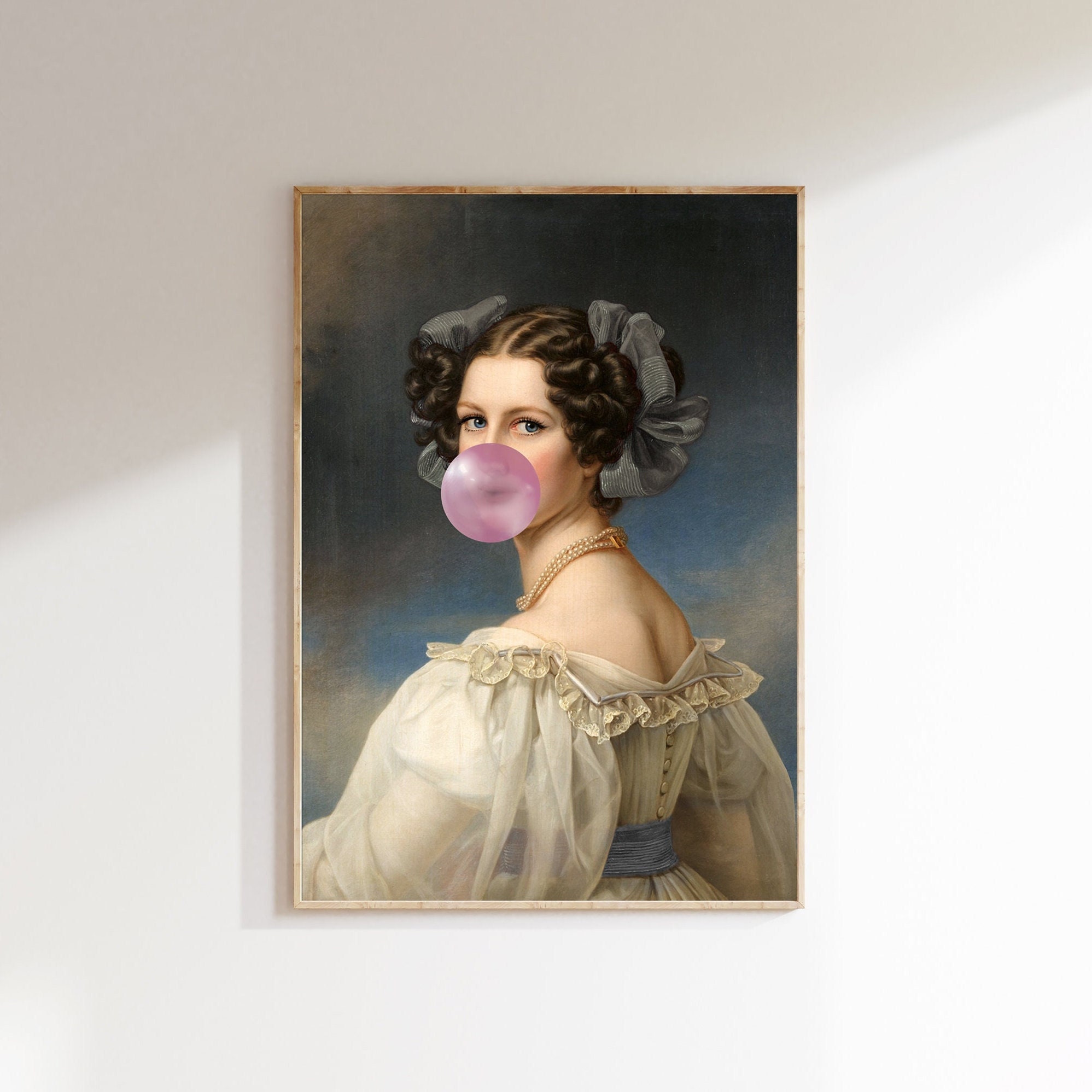 Impression d'art vintage rose bubble-gum portrait, retouché art, décoration éclectique, portrait bubble-gum, peinture ancienne retouchée, décoration sombre