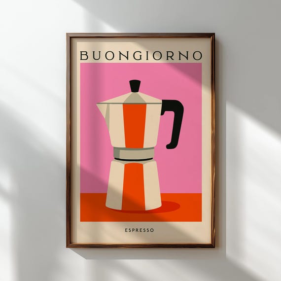 Buongiorno Coffee Art Print, Pink Kitchen Wall Art, Coffee Lover Gift, Espresso Poster Dopamine Decor, Italian Coffee Art Print Moka Pot Art