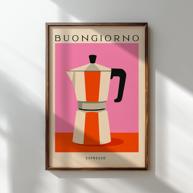 Buongiorno Coffee Art Print, Pink Kitchen Wall Art, Coffee Lover Gift, Espresso Poster Dopamine Decor, Italian Coffee Art Print Moka Pot Art