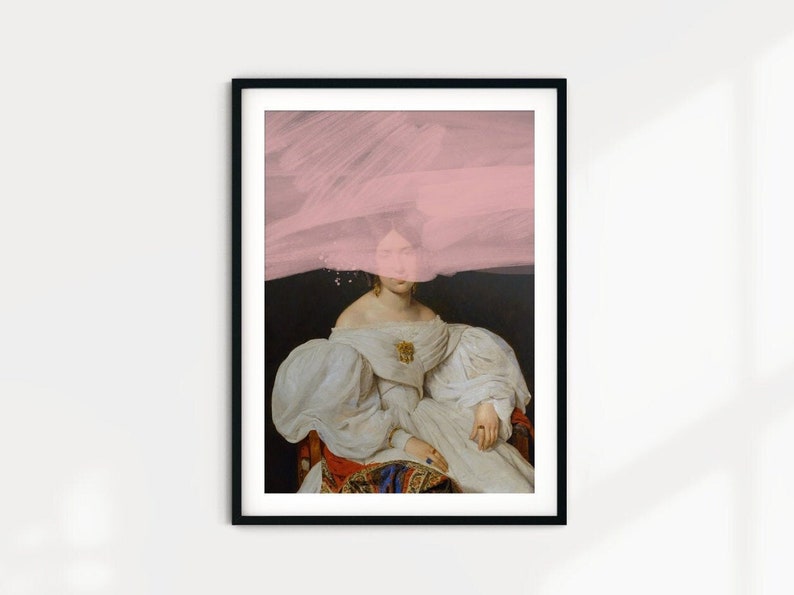 Altered Vintage Art Print with Pink, Graffiti Art, Urban Art, Eclectic Decor, 19th Century Lady Painting, Pink Wall Art, Unique Home Decor