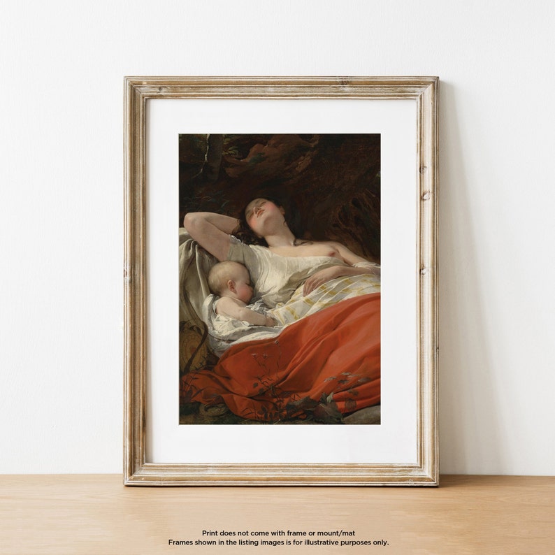 Mother and Baby Vintage Painting Art Print, Motherhood Print, Nursery Art, Cosleeping, Breastfeeding Art, Vintage Wall Art, Mother and Child