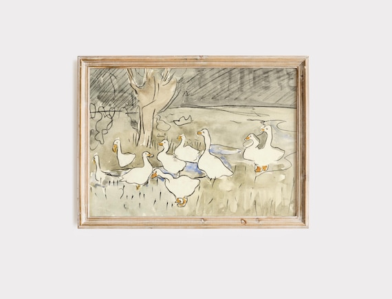 Vintage Geese Watercolor Painting, Farmhouse Nursery Art Print