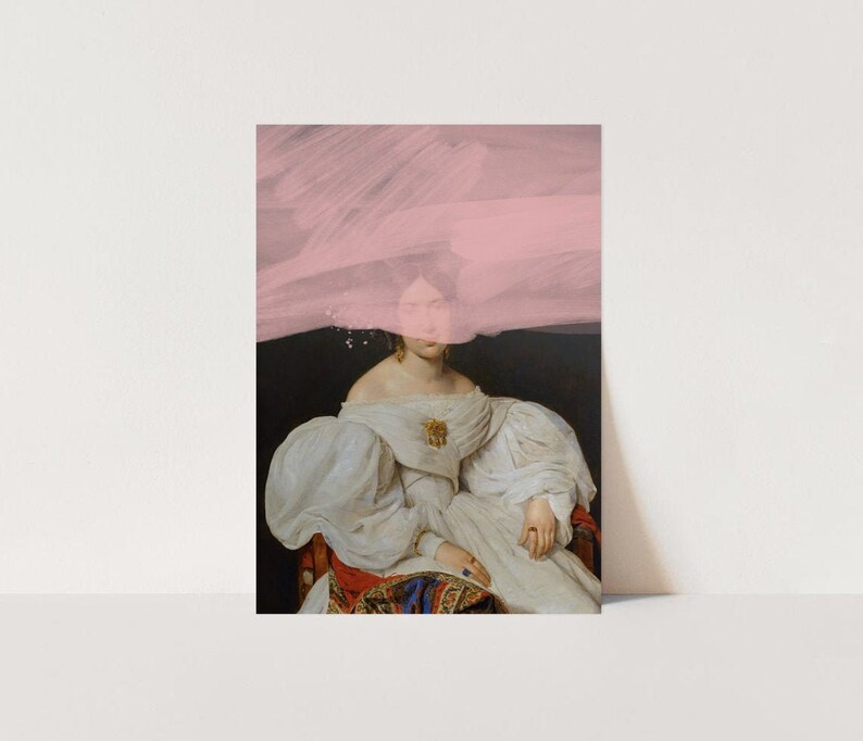 May include: A painting of a woman in a white dress with a pink brushstroke over her head. The woman is sitting in a chair with a dark background.