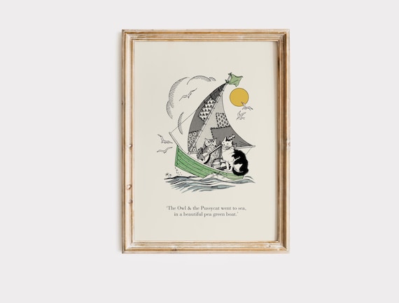 Vintage Owl and Pussycat Art Print, Nursery Rhyme Decor
