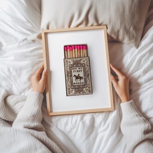 May include: A rectangular wooden frame containing a print of a matchbox with bright pink tips. The matchbox features a vintage-style illustration of a cowboy on a horse with the text "NOT MY FIRST RODEO" printed in black on a cream background.