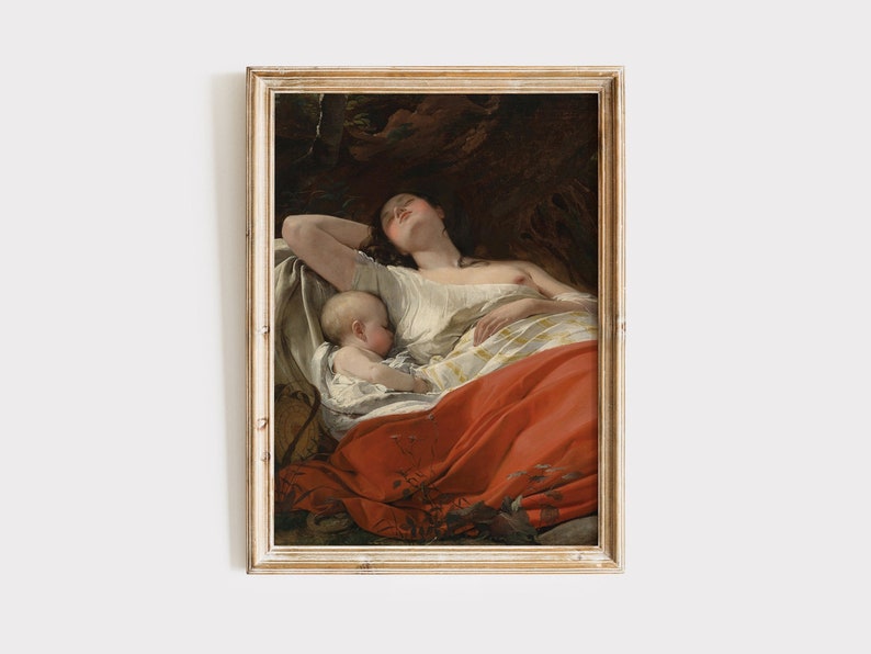 Mother and Baby Vintage Painting Art Print, Motherhood Print, Nursery Art, Cosleeping, Breastfeeding Art, Vintage Wall Art, Mother and Child