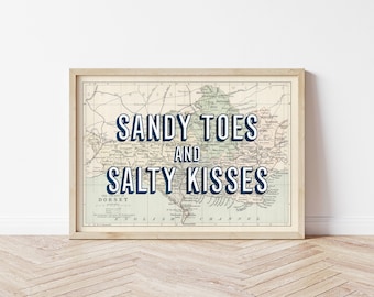 Dorset Vintage Map Print, Sandy Toes and Salty Kisses, Coastal Art