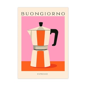 Puede incluir: Un estampado art&iacute;stico minimalista con una cafetera italiana blanca y naranja sobre un fondo rosa y naranja. Las palabras "BUONGIORNO" y "ESPRESSO" est&aacute;n impresas en la parte superior e inferior de la imagen.