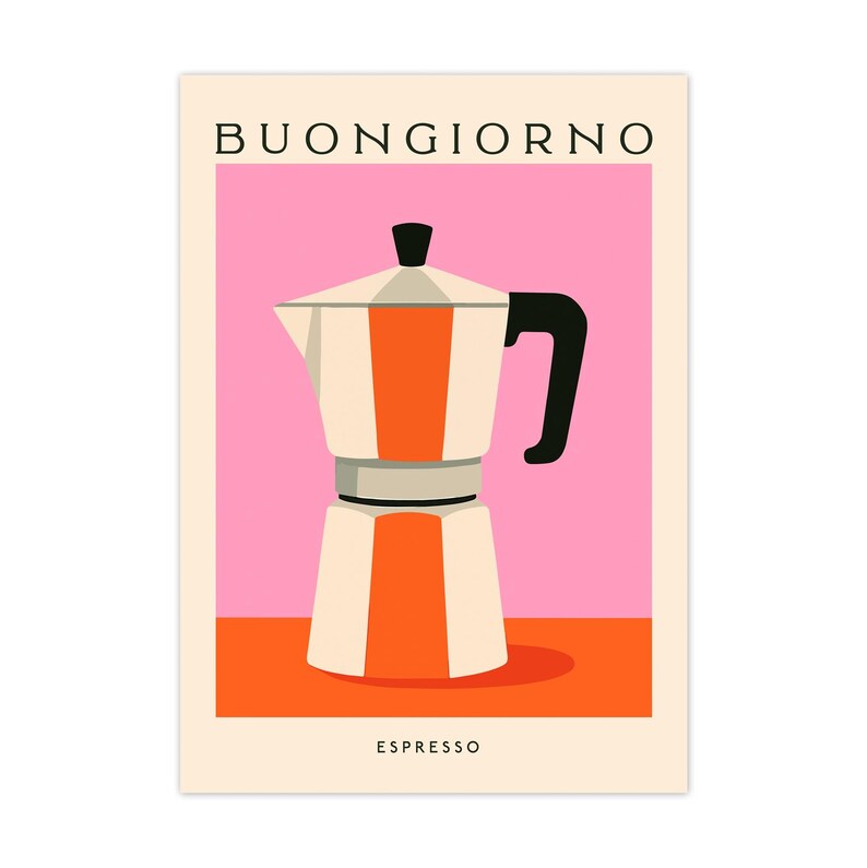 Puede incluir: Un estampado art&iacute;stico minimalista con una cafetera italiana blanca y naranja sobre un fondo rosa y naranja. Las palabras "BUONGIORNO" y "ESPRESSO" est&aacute;n impresas en la parte superior e inferior de la imagen.