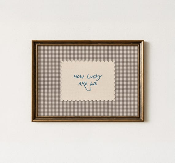 Retro 'How Lucky Are We' art print, Vintage Gingham Wall Art, Striped Art Print, Vintage Nursery Decor