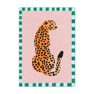 May include: A digital illustration of a cheetah sitting on a pink background with a green and white striped border. The cheetah is orange with black spots and a long tail.