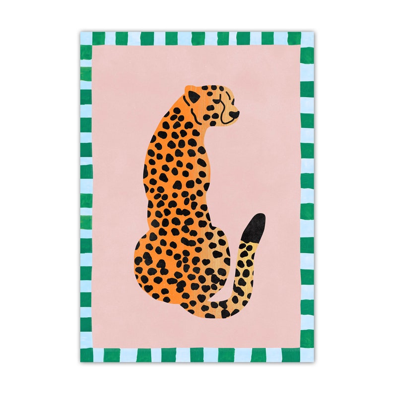 May include: A digital illustration of a cheetah sitting on a pink background with a green and white striped border. The cheetah is orange with black spots and a long tail.