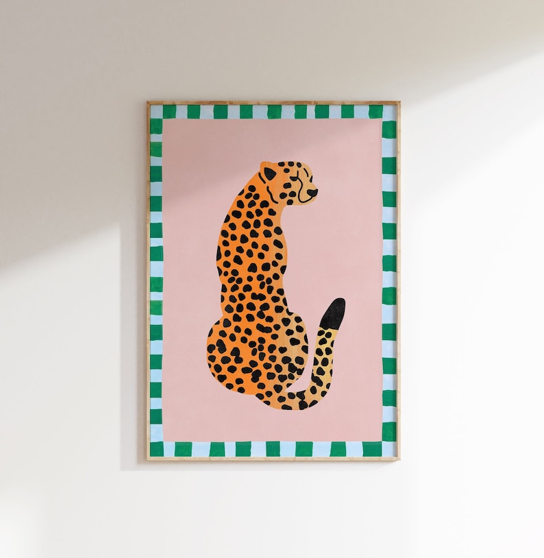Pink Cheetah Poster, Pink Art, Grandmillennial, Painted Border Art, Pink and Green art, Leopard Print, Cheetah art print, Trendy Wall Art