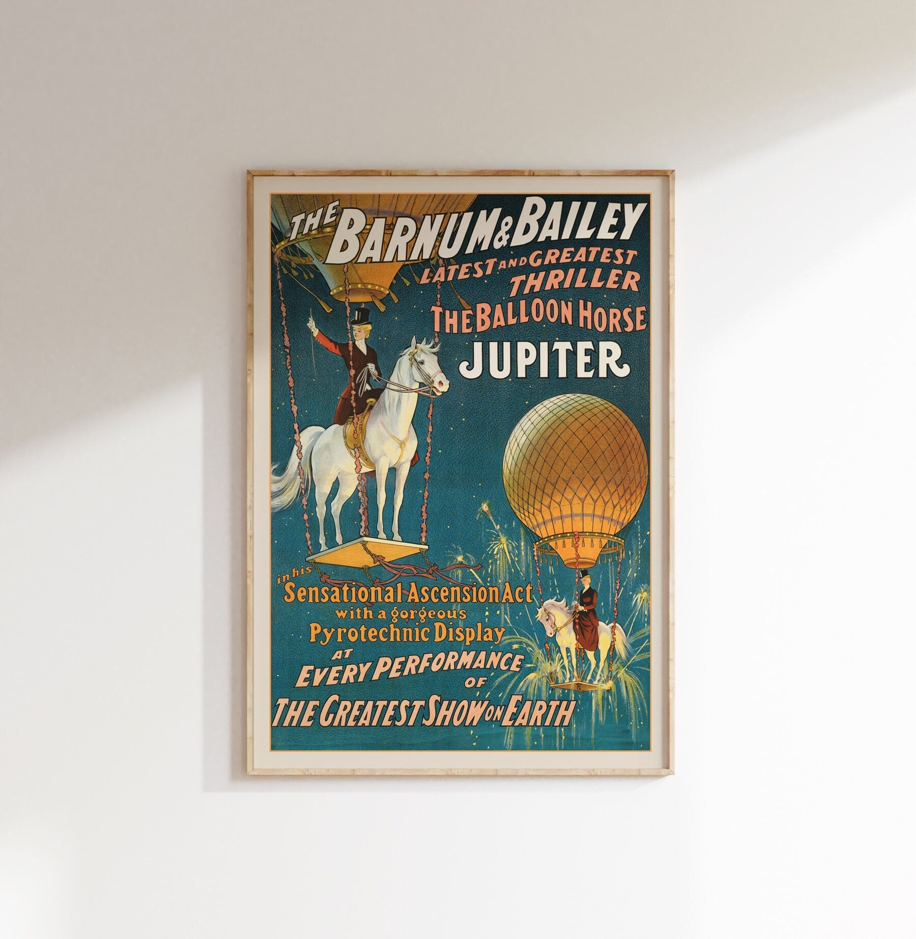 Vintage Barnum and Bailey Poster, Antique Circus Poster, Jupiter the Balloon Horse, Vintage Americana, Hot Air Balloon, Horse Art