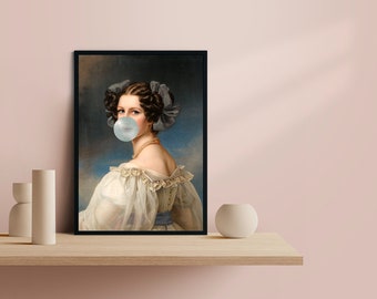 Bubble Gum Lady Art Print, Altered Vintage Portrait, Urban
