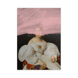 May include: A painting of a woman in a white dress with a pink brushstroke covering her face. The woman is sitting in a chair with a red and blue patterned cushion.